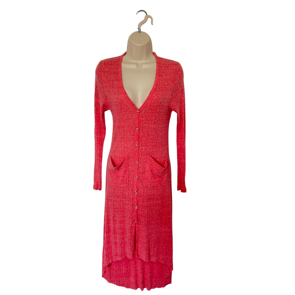 American Age Medium Coral V Neck Button Front Ribbed Knit Cardigan Dress Boho‎